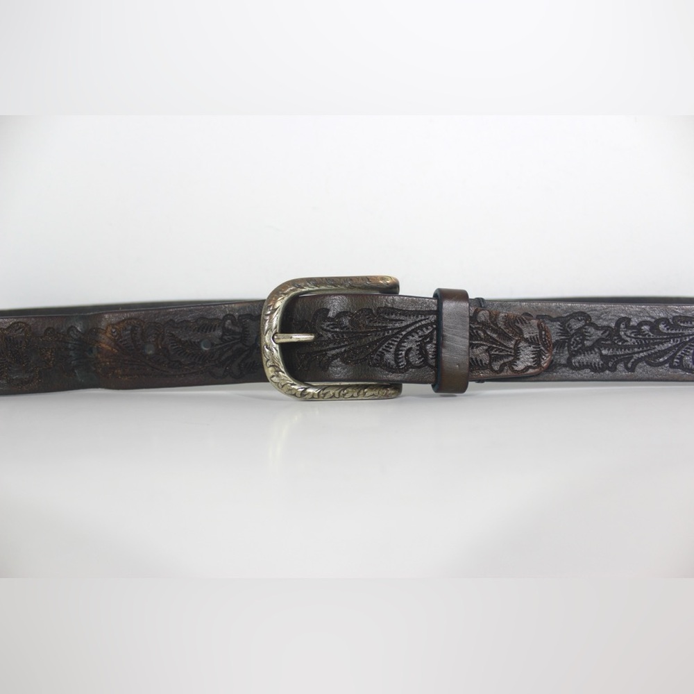 Spanish Thick Tooled Brown Leather Belt with Italian Silver Metal Buckle Wide